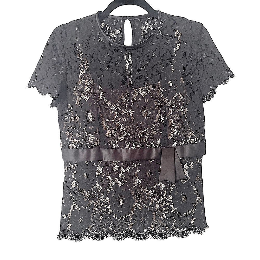 Talbots Semi Sheer Black Cap Sleeve Lace  Top Lined‎